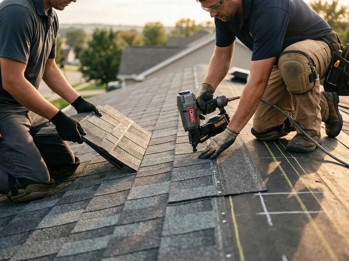 Professional roofer working on a residential roof in Amelia